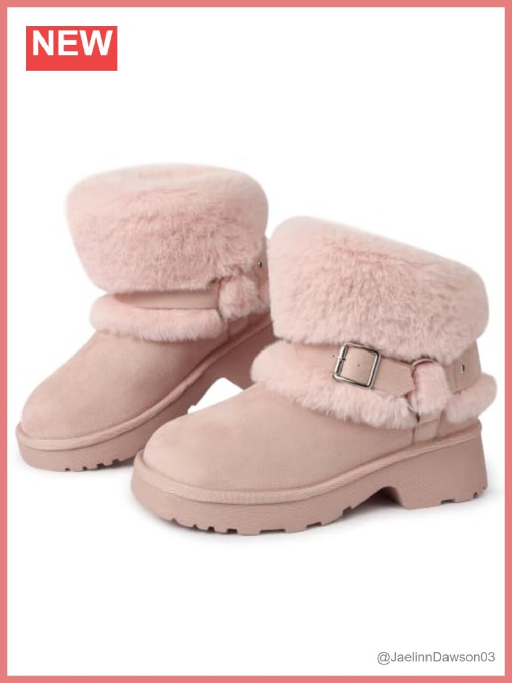 Winter Fur Boots for Women Block Heel Platform Buckle Slip On Snow Boots